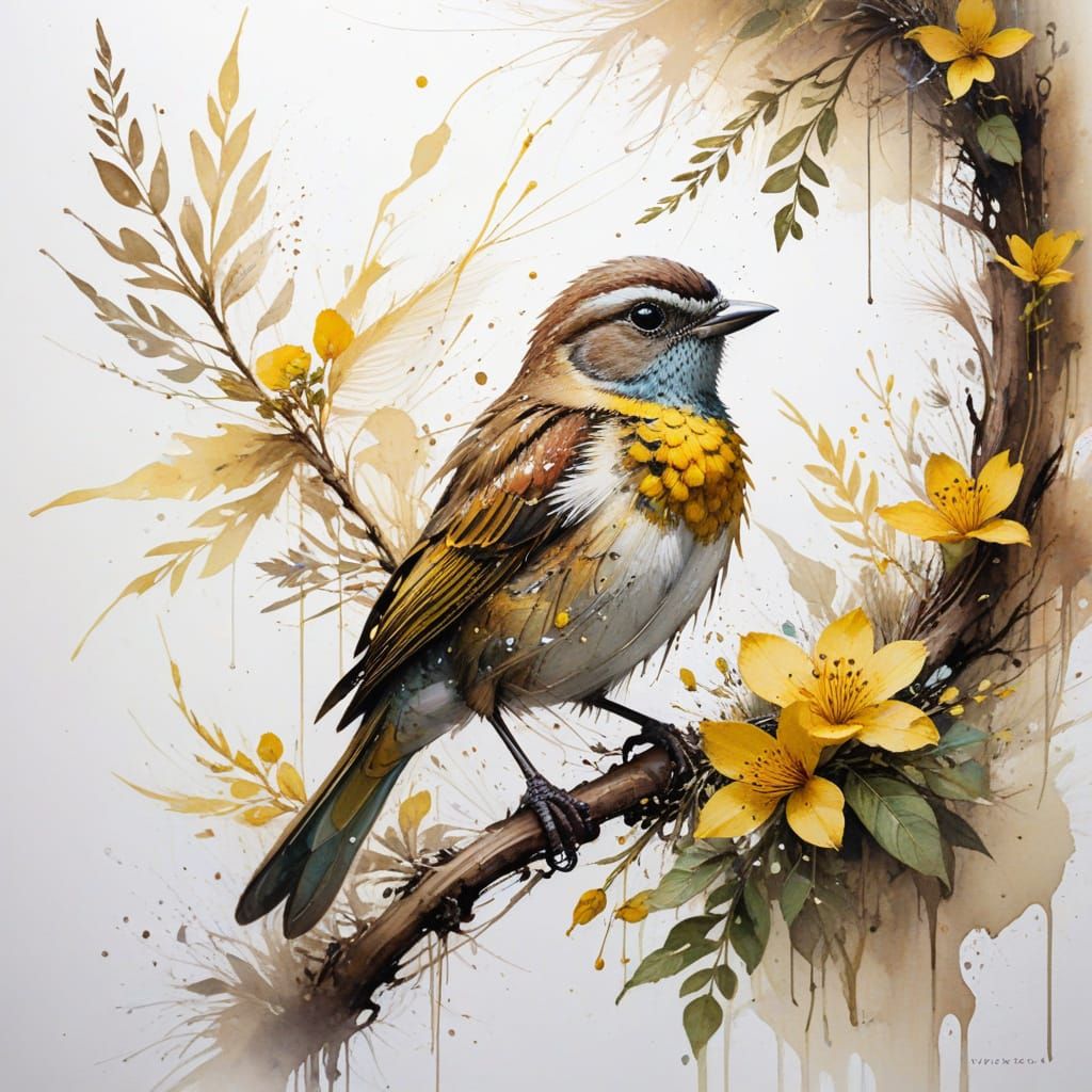 Iridescent Bird on Floral Branch in Watercolour Style
