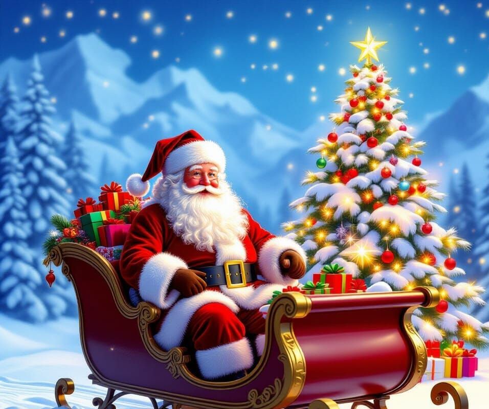 Santa Claus on Sleigh with Snowy Christmas Tree