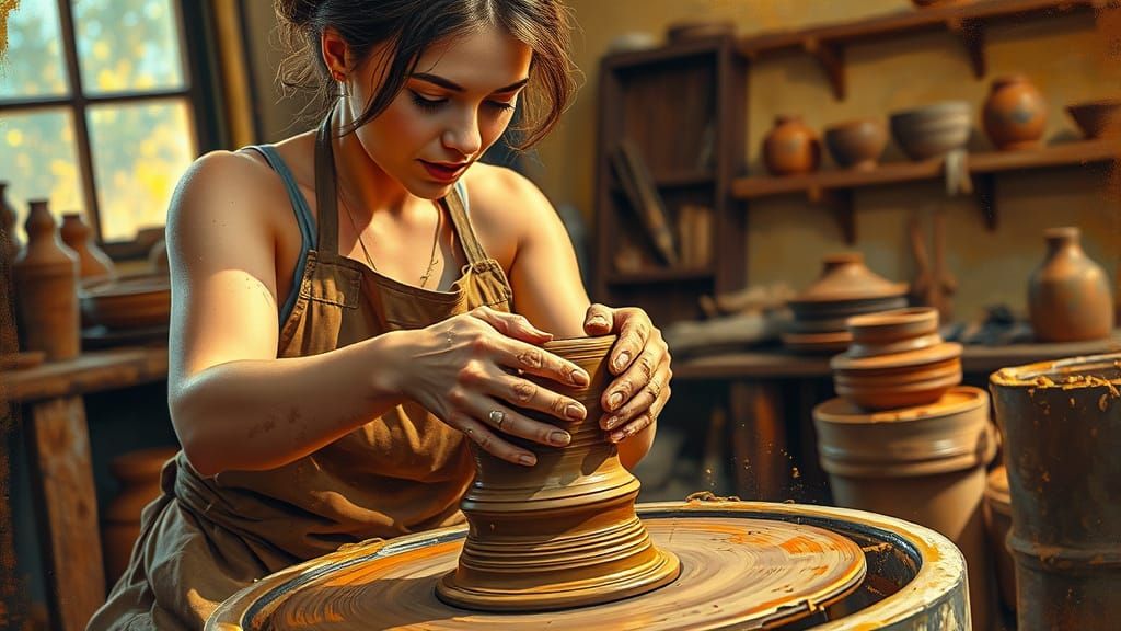 Woman Creates Pot on Wheel in Oil Painting Style