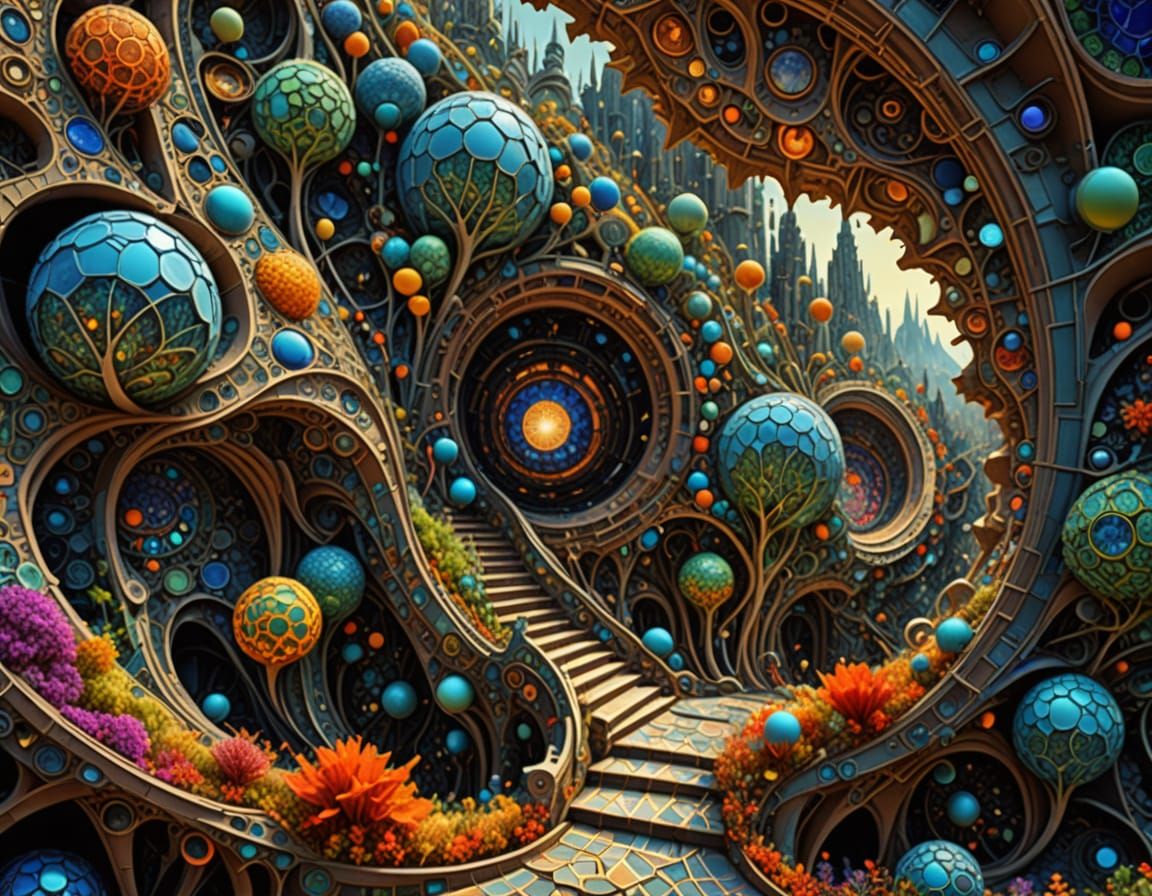 Eccentric Geometric Mosaic in a Photorealistic Wonderland