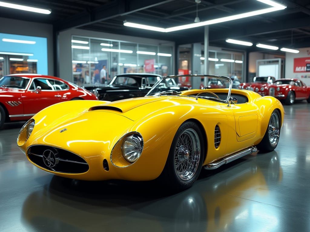 Retro-Futuristic Yellow Sports Car in Showroom