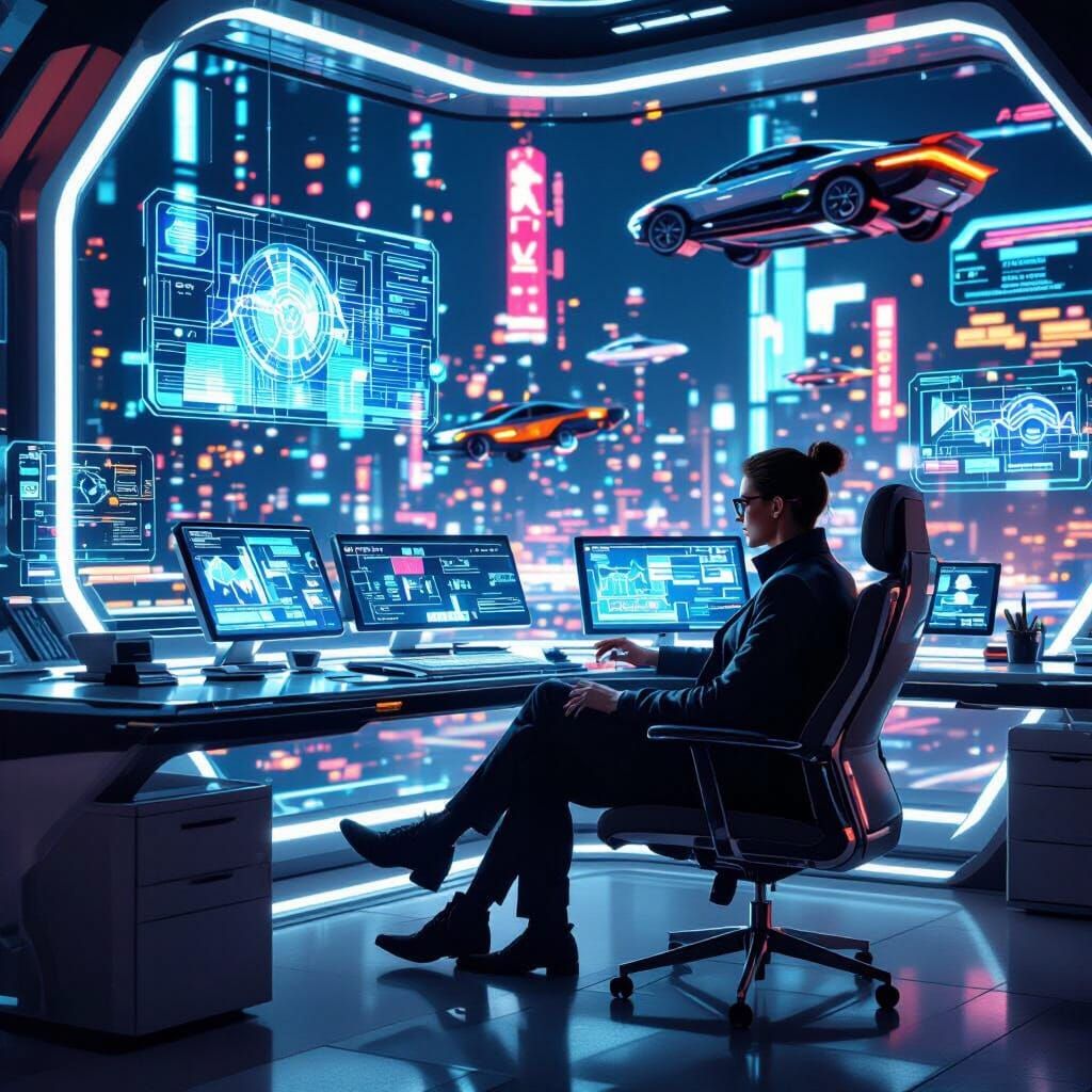 Futuristic Office: Writer Using AI in Neon Cityscape
