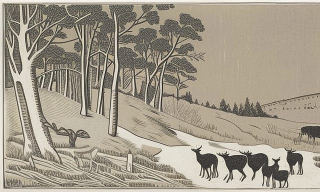 Hunter Chasing Deer in Woodcut Style