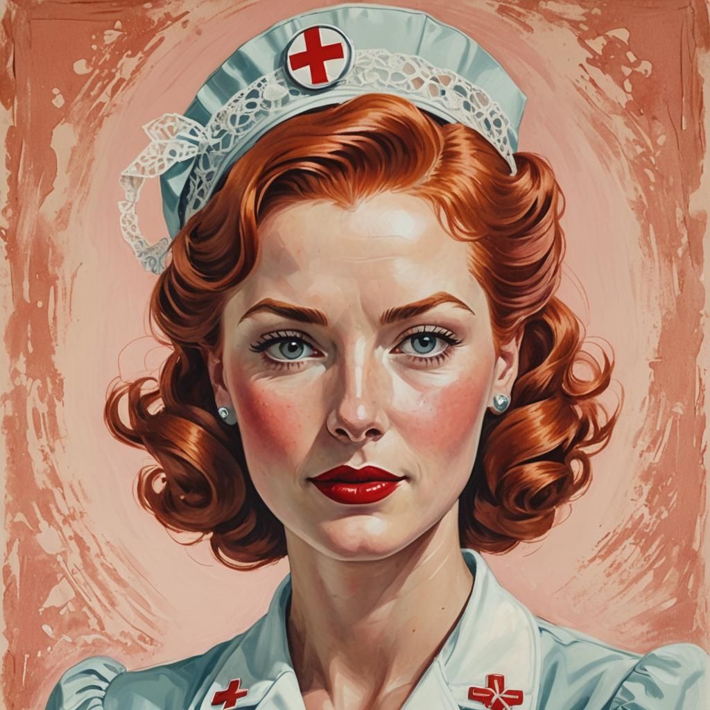 Retro Gouache Portrait of a 1940s Nurse