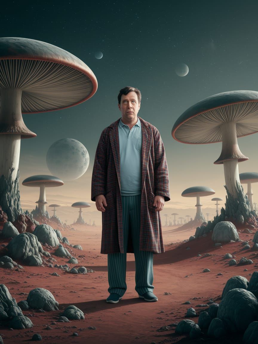 Arthur Dent On Alien Planet Surreal Landscape