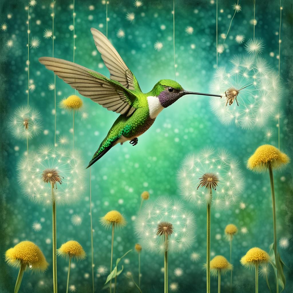 Hummingbird and Dandelion Seeds in Fairy Tale Style