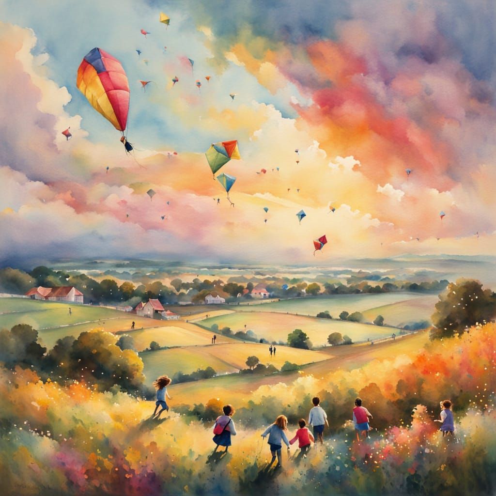 People Flying Kites in a Watercolour Painting