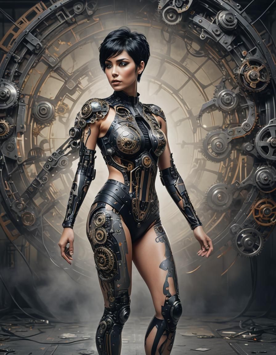 Woman in Mechanical Body Paint: Digital Art Portrait
