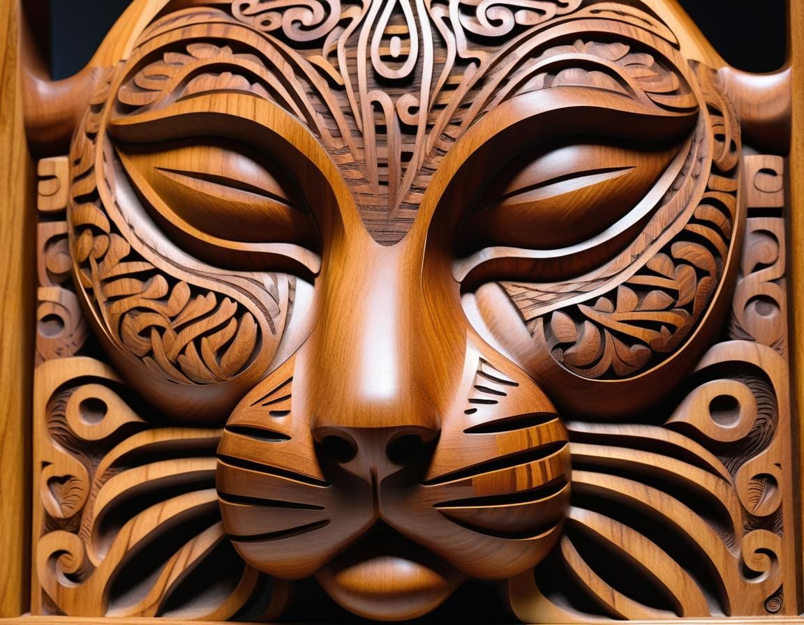 Maori Wooden Carving of a Beautiful Cat