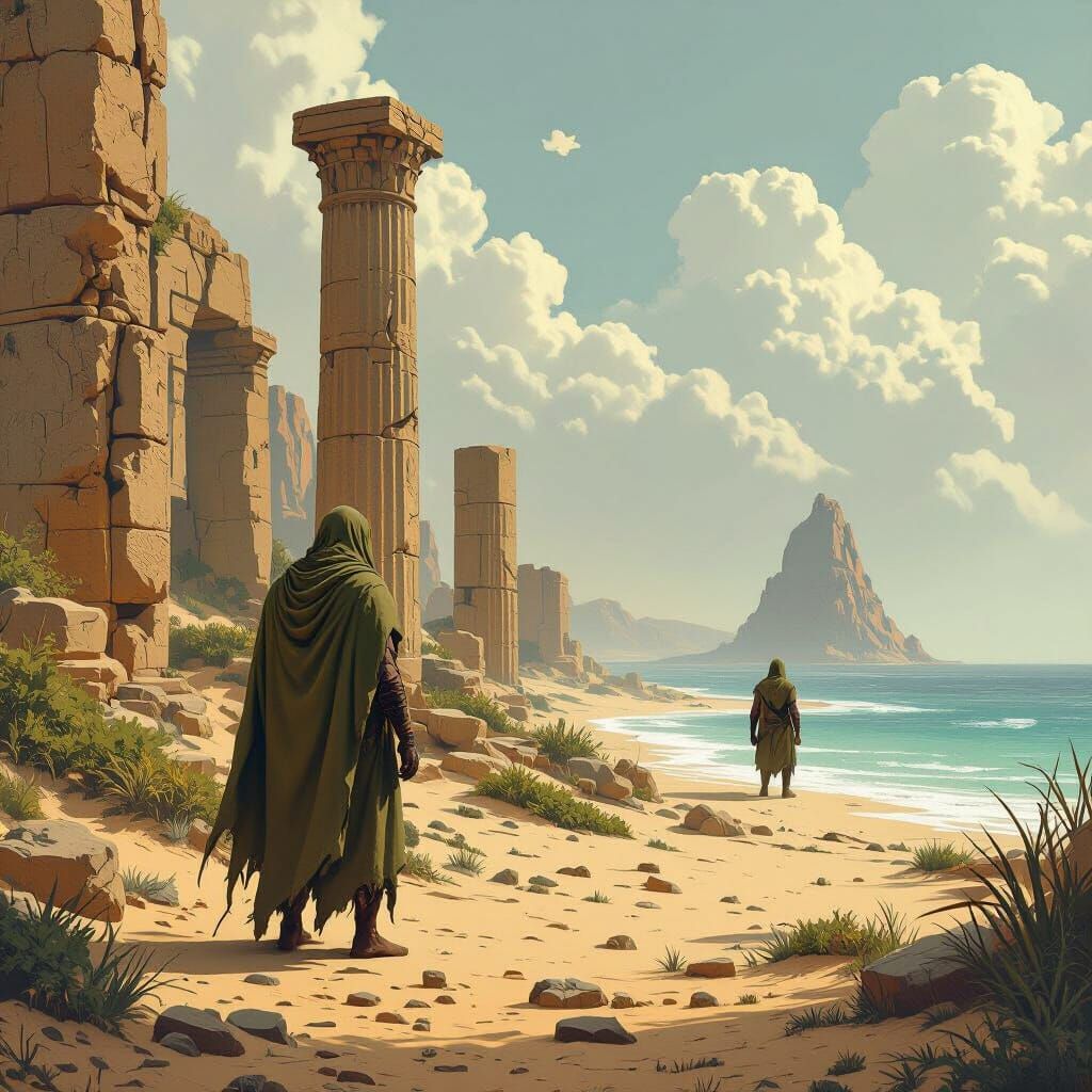 Cyclops on Deserted Island with Ancient Ruins