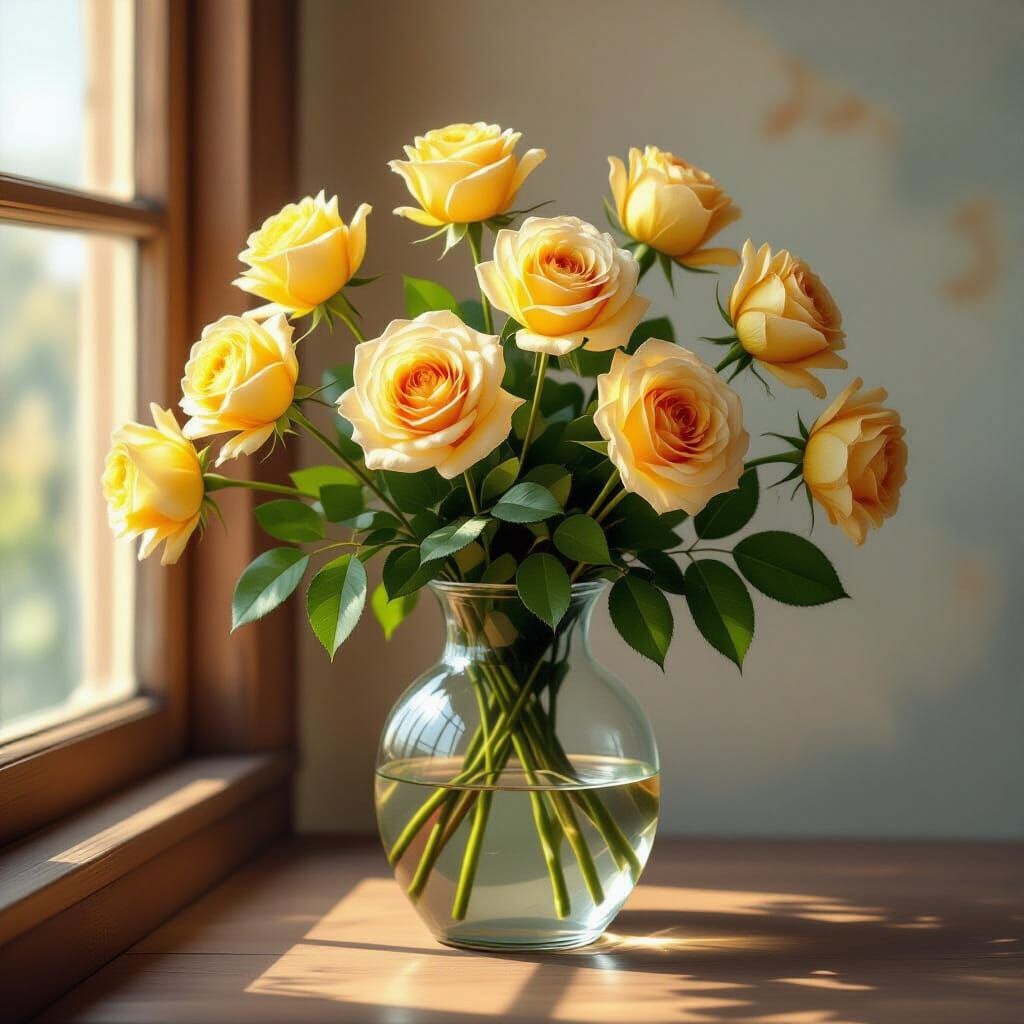 Yellow Roses in Glass Vase, Impressionist Style