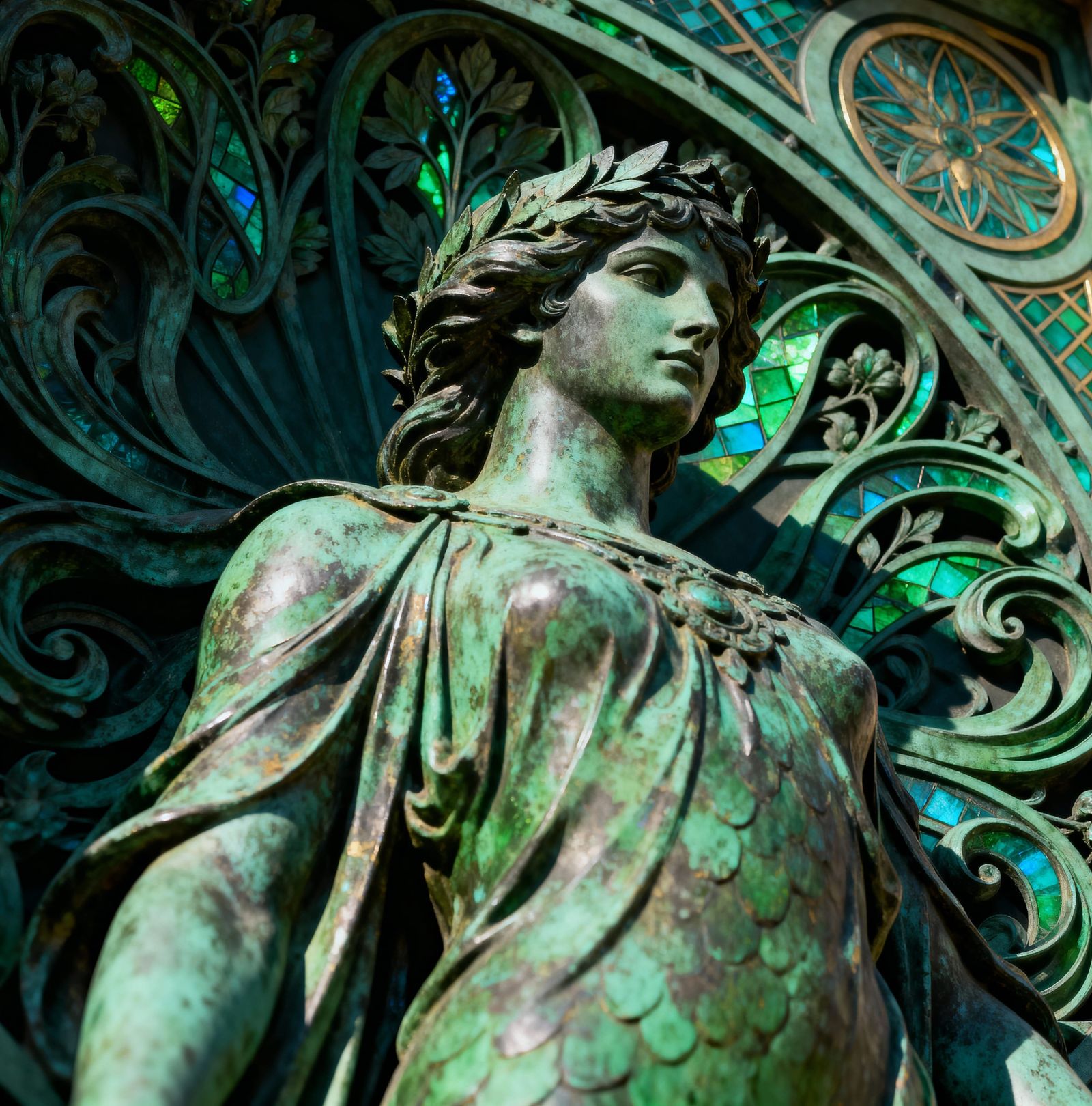 Maltese Falcon Art Nouveau Style Green Geometric Botanical A...