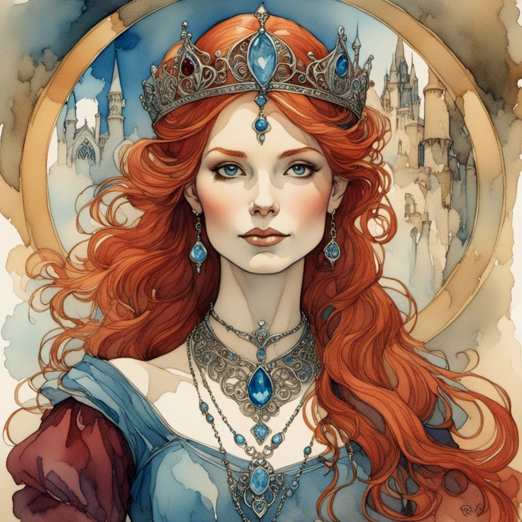 Red-Haired Maiden Portrait in Arthur Rackham Style