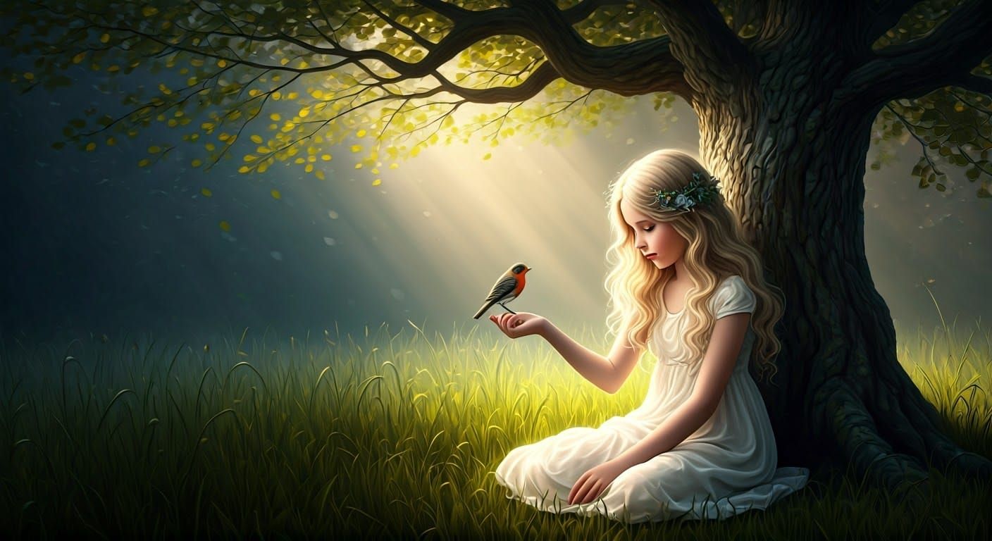 Ethereal Fairy in Forest with Robin: Watercolor Art