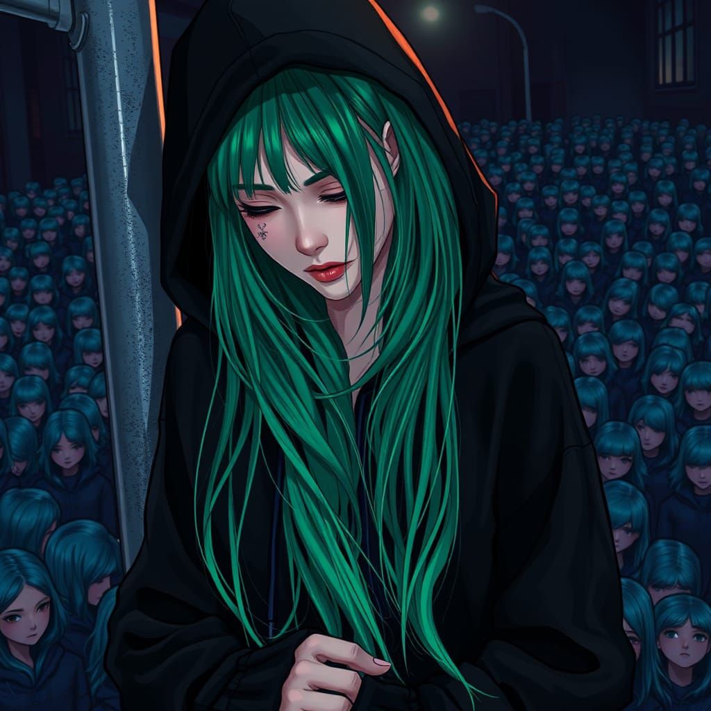 side view beautiful emo girl in black hoodie hood down with green highlights in hair. red eyes looking down snow flake t...