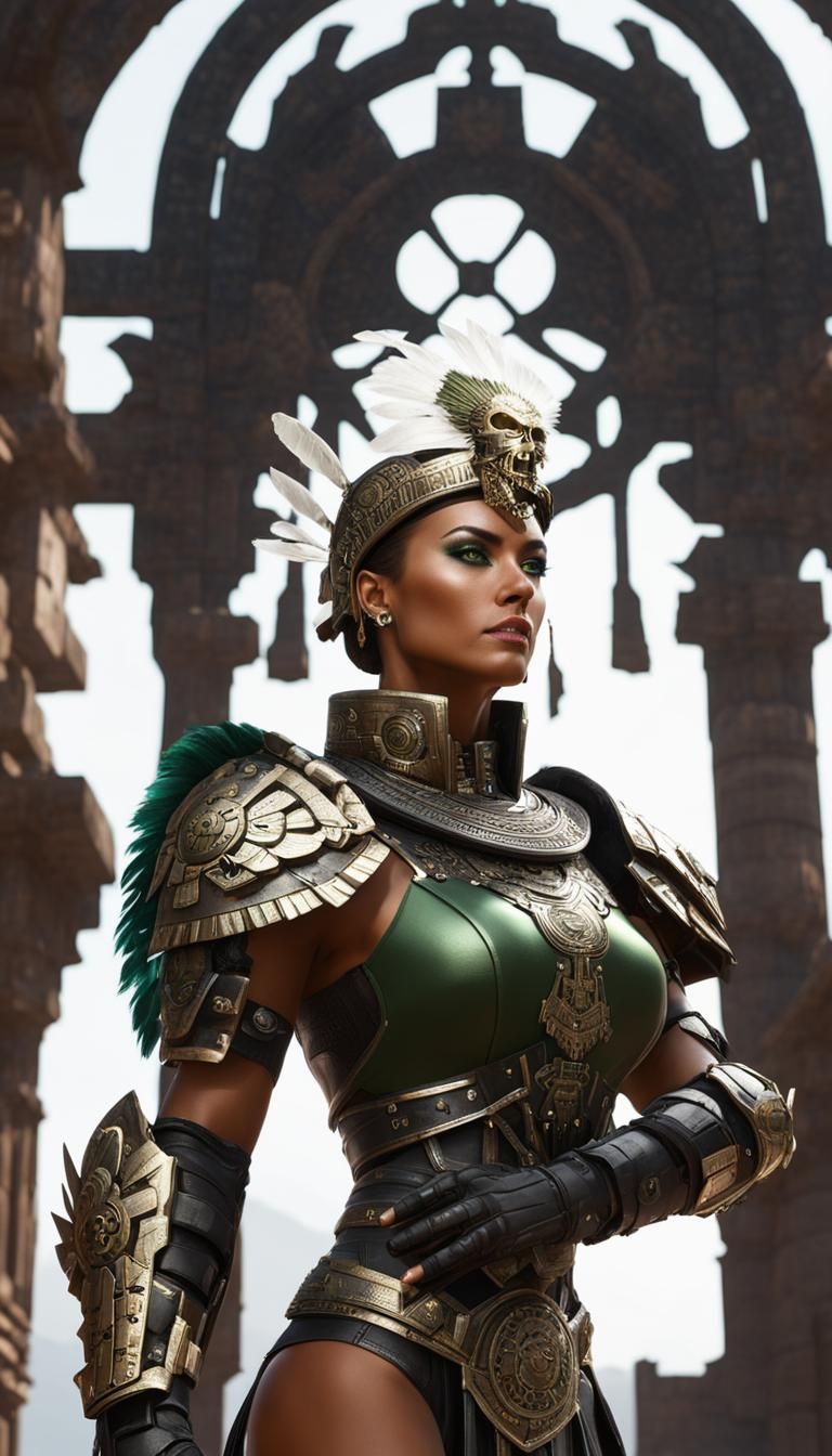 Aztec Woman Warrior in Dystopian Power Armor