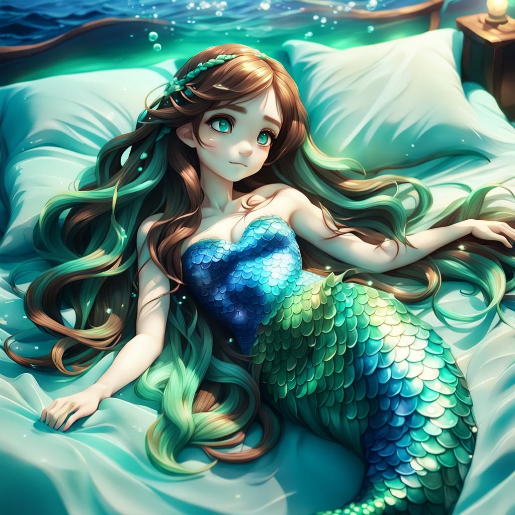 Anime Mermaid in Bed: 3D Digital Art