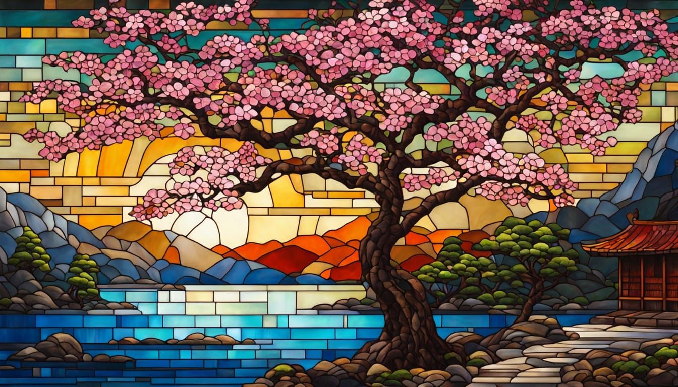 Luminescent Sakura Tree Mosaic Inspired by Tiffany