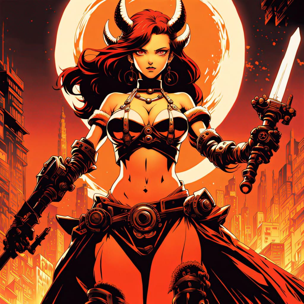 Cyberpunk Valkyrie Demoness with Blood-Red Sword