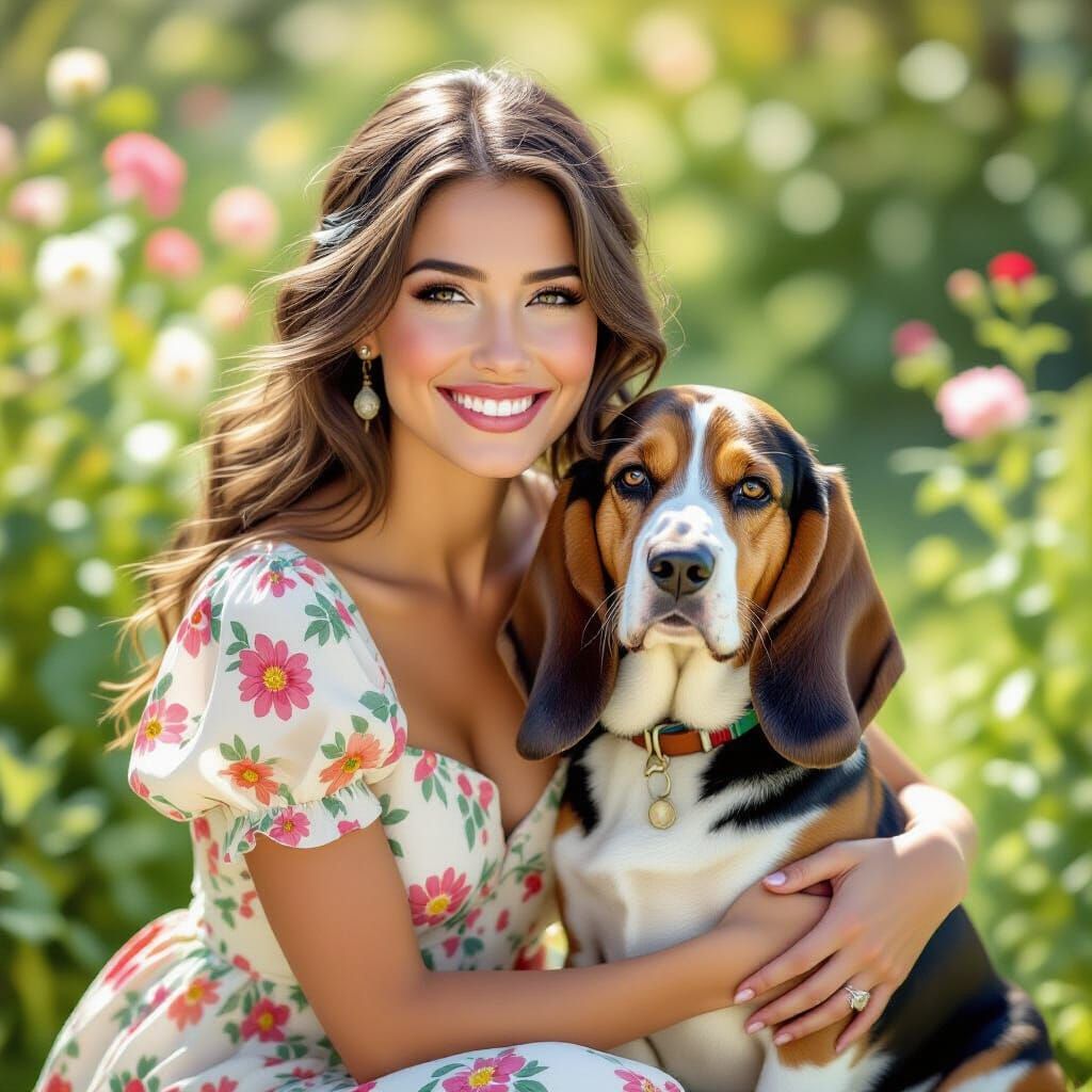Woman Poses With Basset Hound in Sun-Dappled Garden