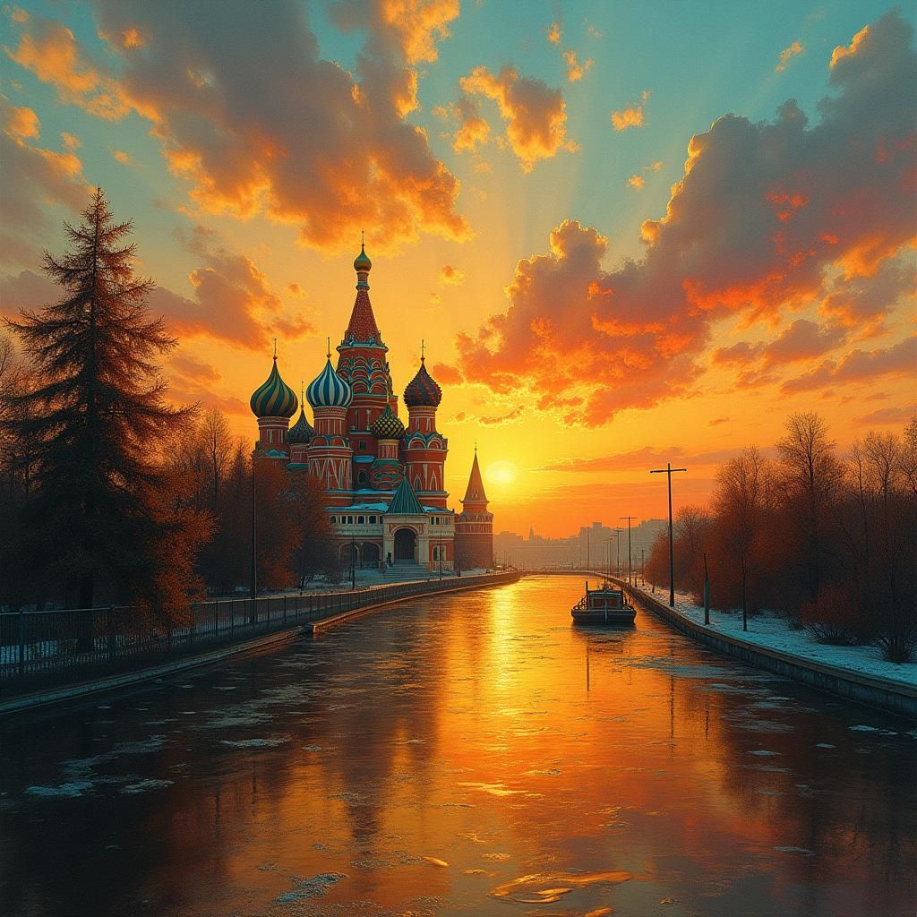 Russian Sunset Landscape in Romantic Style