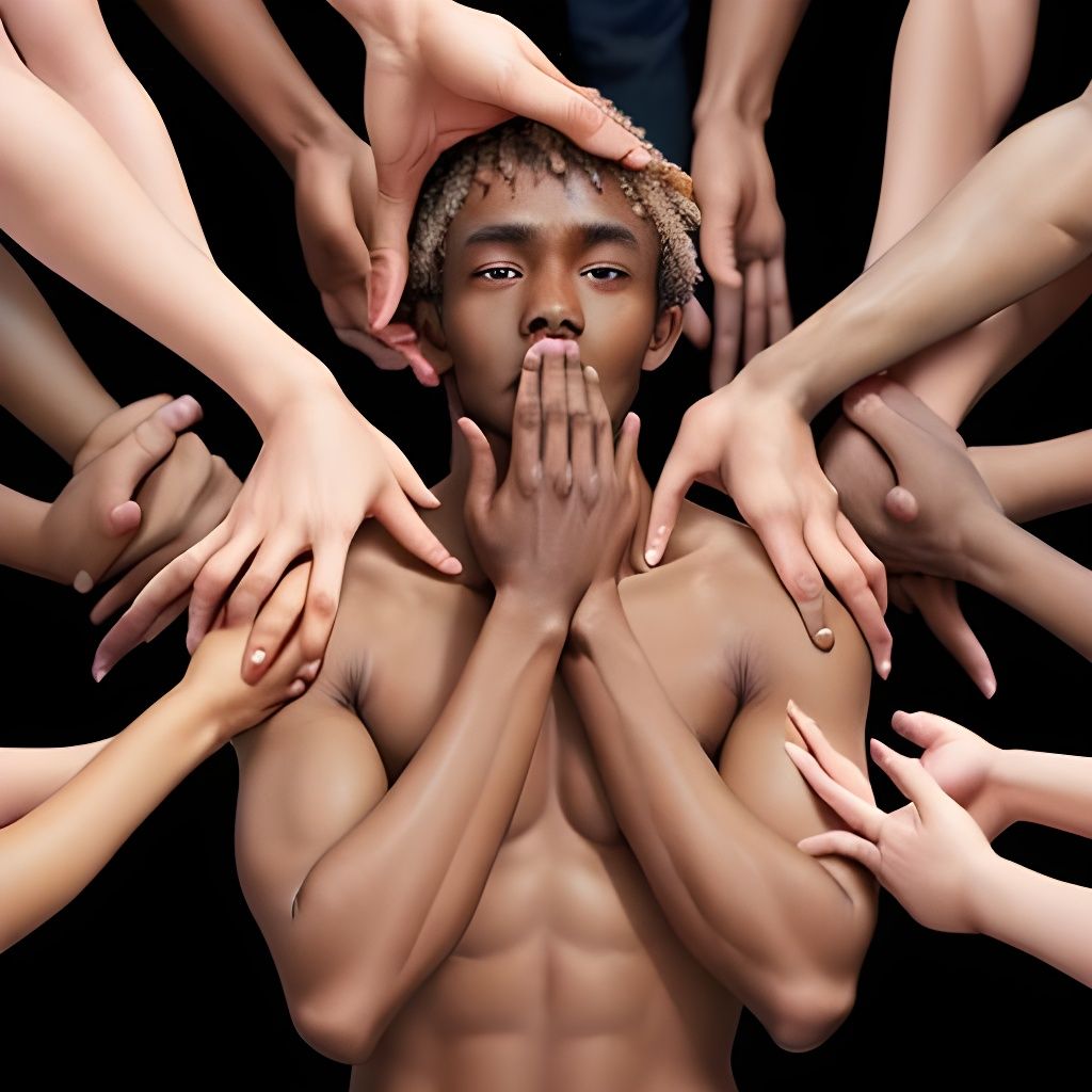 Surreal Swarm of Hands Grabbing a Man's Face