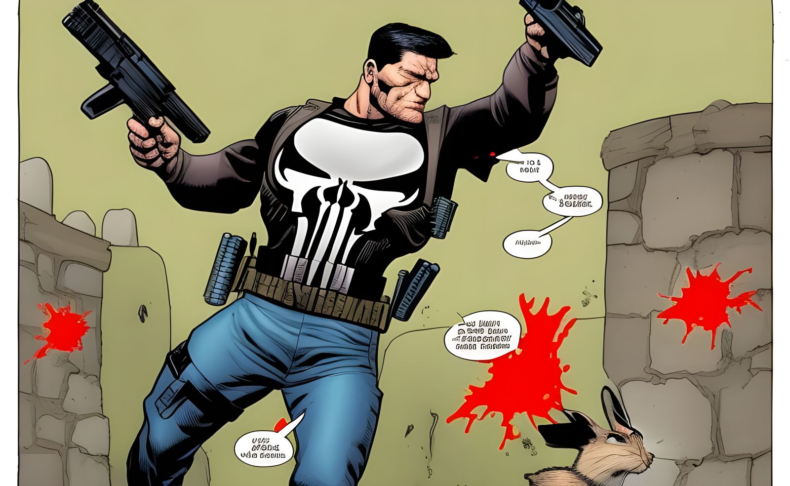 Farmer Punisher catches Peter Rabbit stealing from his farm