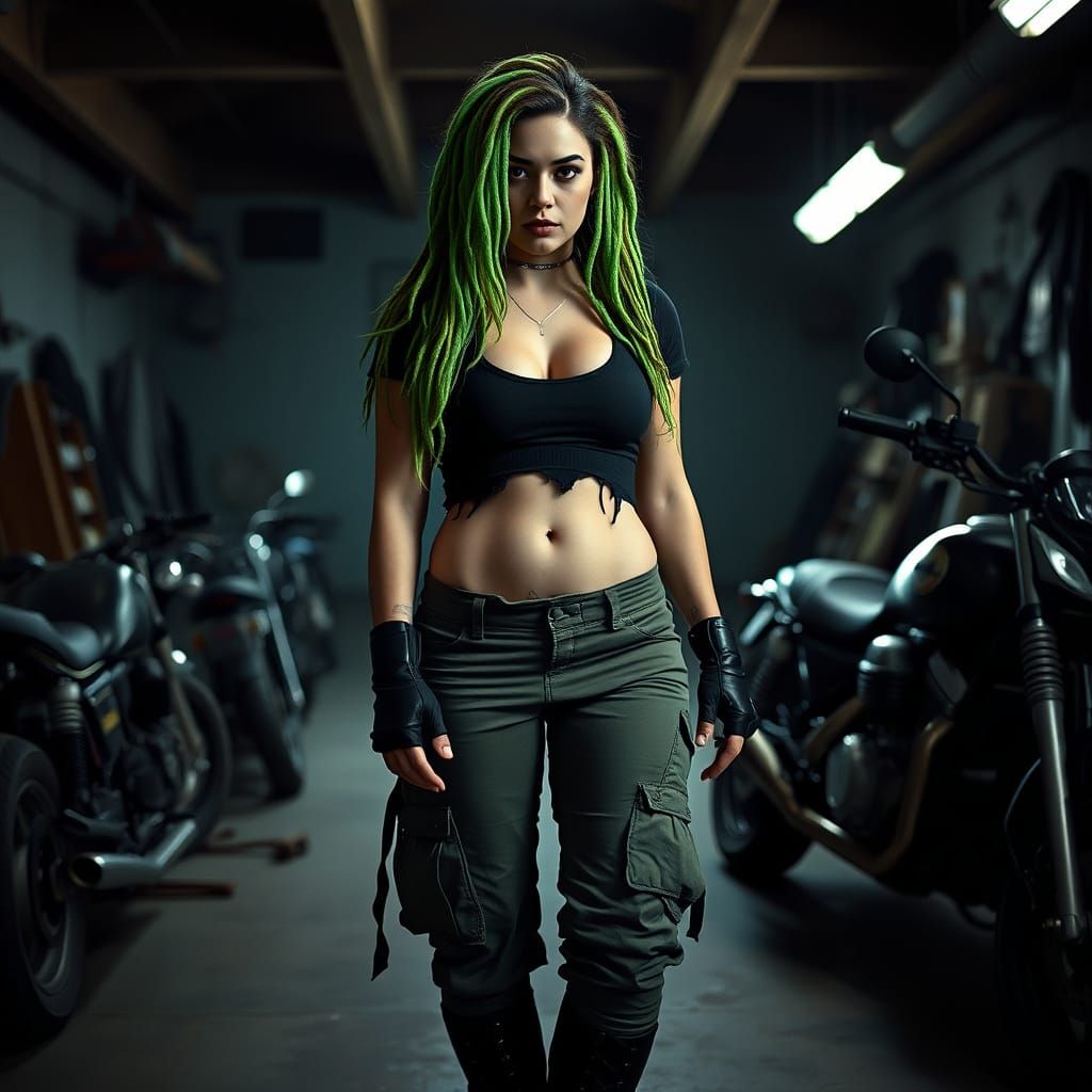Cyberpunk Biker Goddess in Dimly Lit Garage