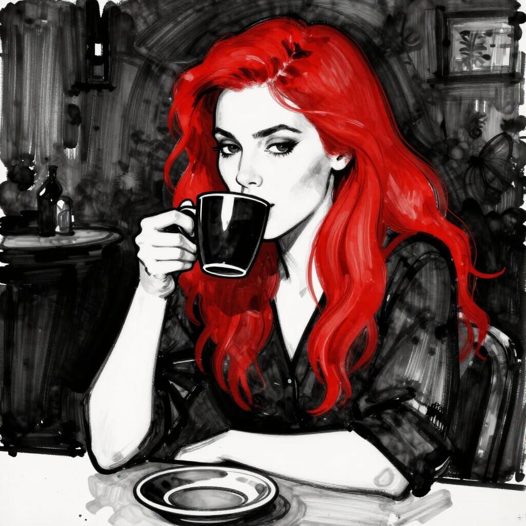 Crimson Haired Woman Drinks Coffee in Black and White World