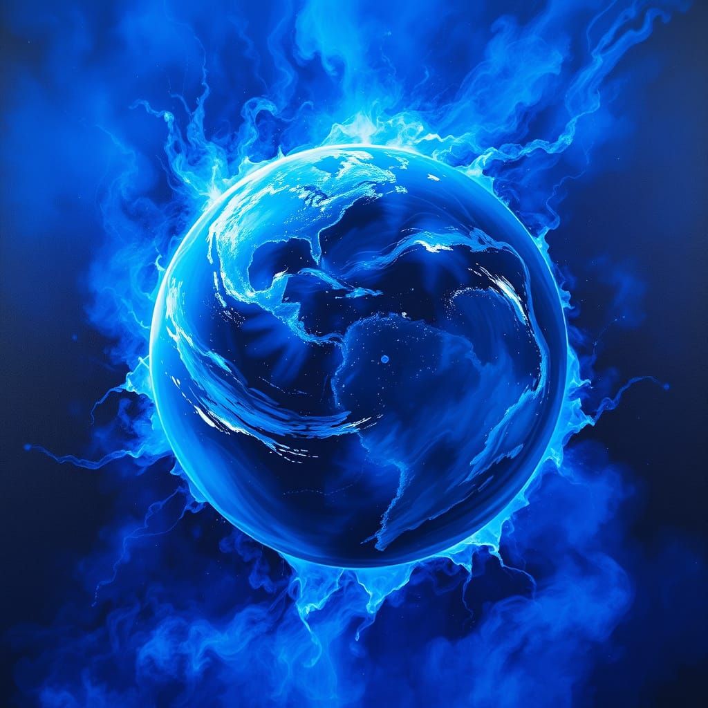 Planet Earth Ablaze in Blue Neon Fire