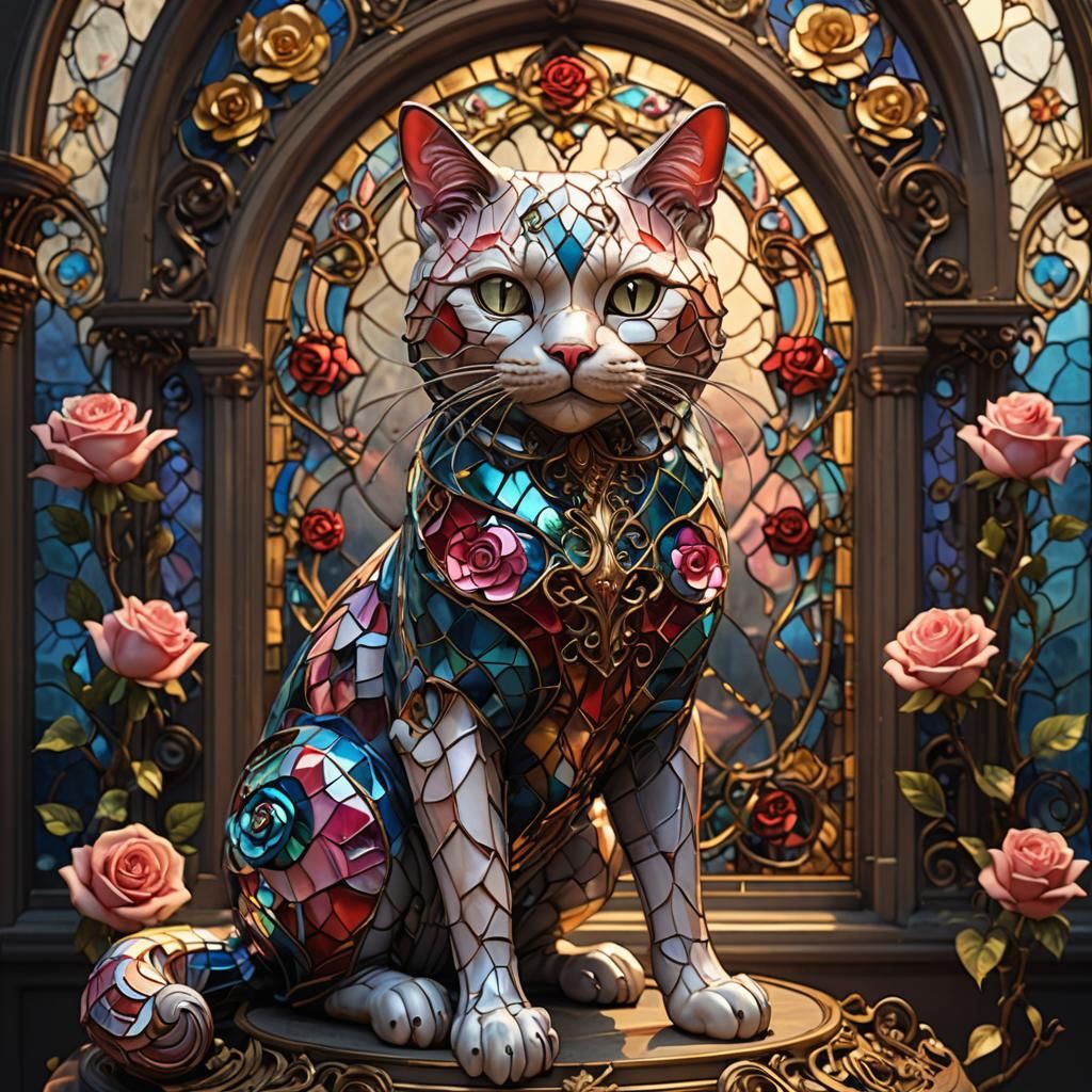 Rococo Stained Glass Cat Sculpture in Digital Art