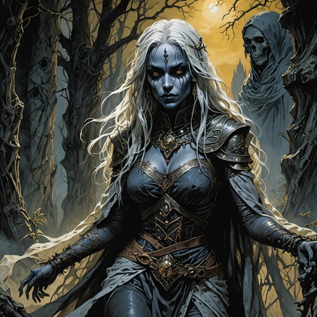 Medieval Drow Sorceress in an Epic Landscape