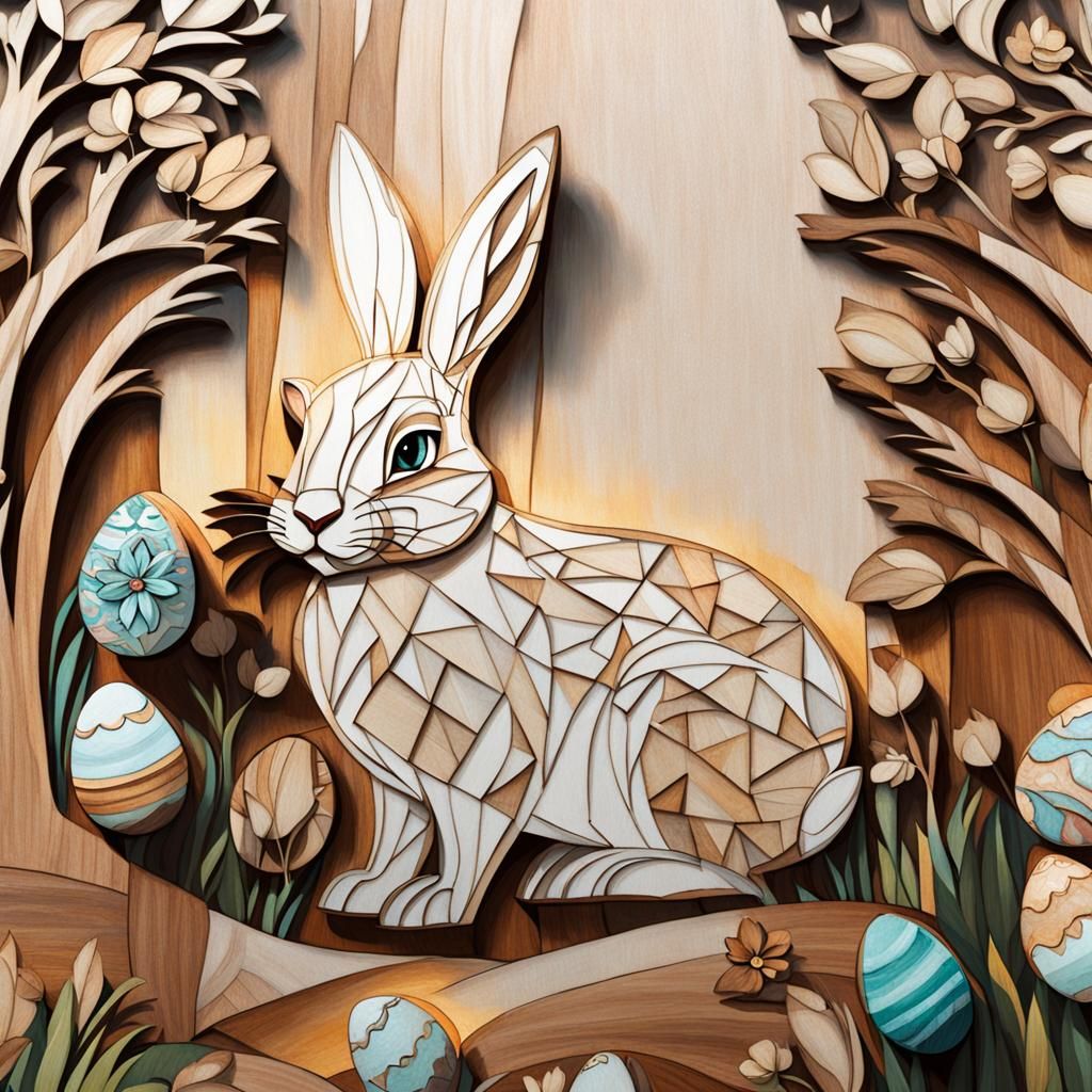 Marquetry Easter Bunny and Eggs in Springtime