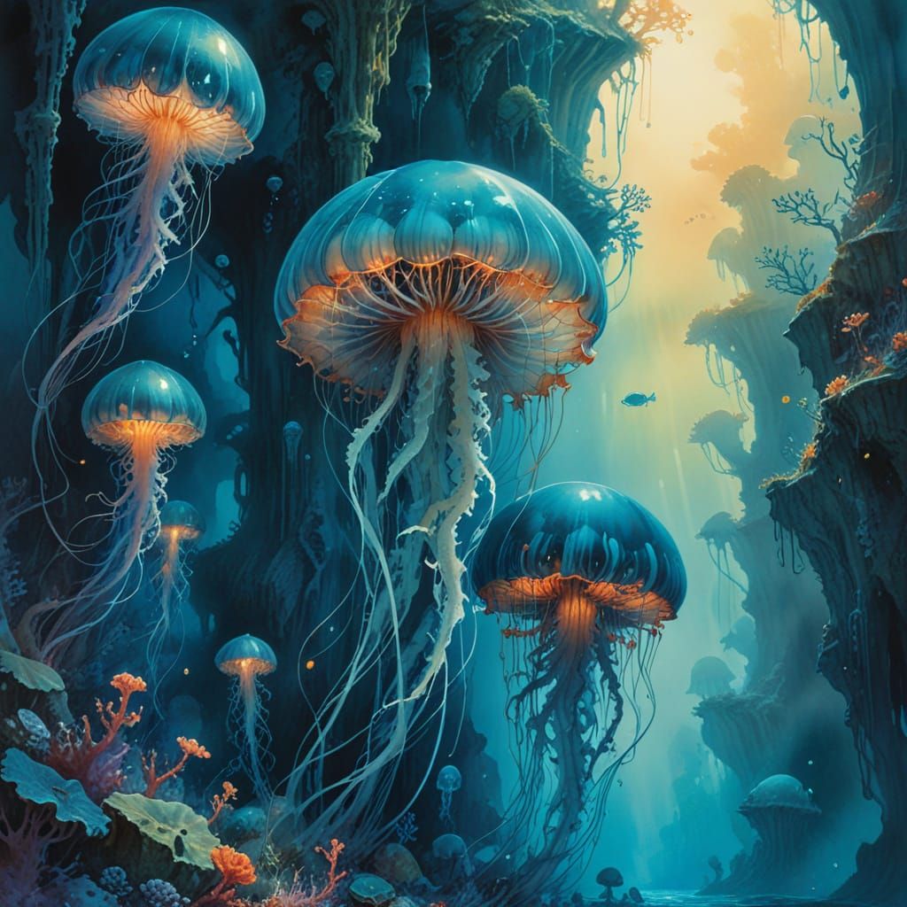 Underwater Coral Cathedral with Bioluminescent Jellyfish in ...