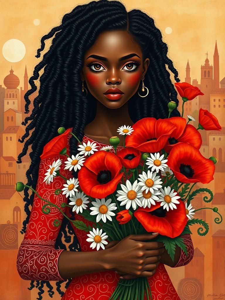 Black Woman with Flowers in Modernist Style