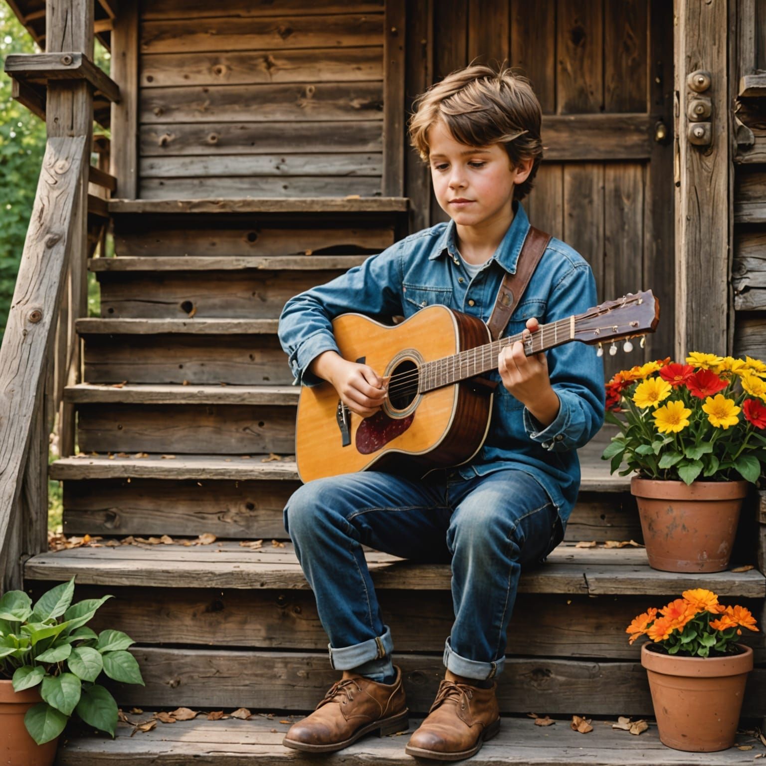 Boy Plays Guitar on Rustic Cabin Steps in Folk Art Style