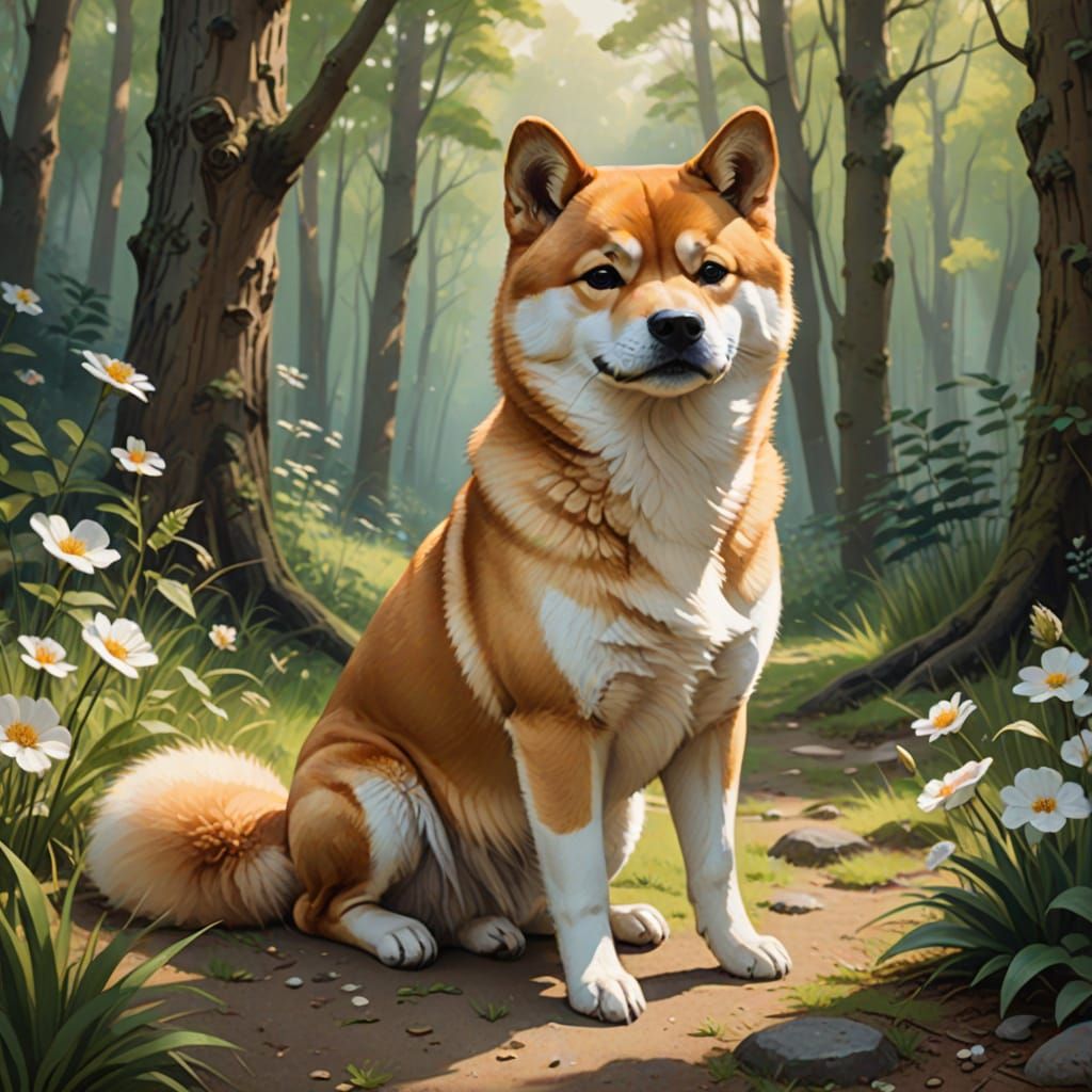 Child and Shiba Inu in Enchanting Forest Oil Painting