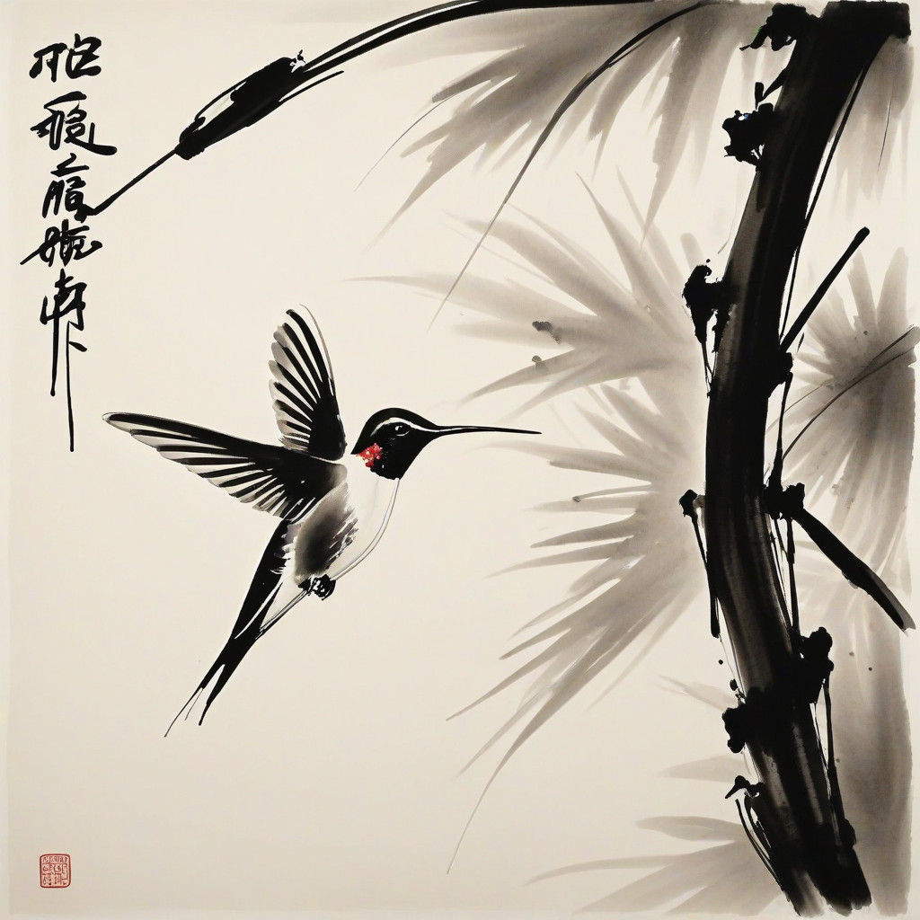 Hummingbird in Traditional Chinese Ink Wash Painting