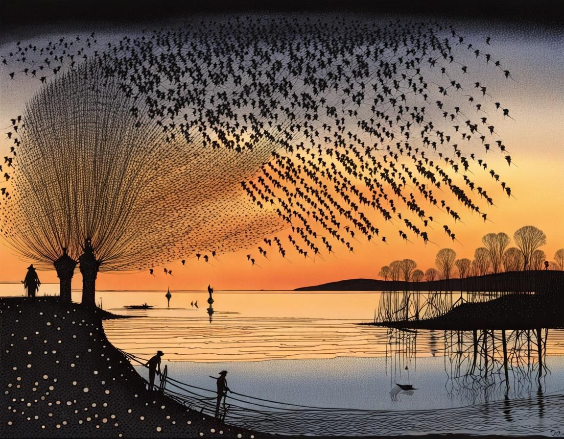 Starlings Murmuration at Sunset in Fairytale Style