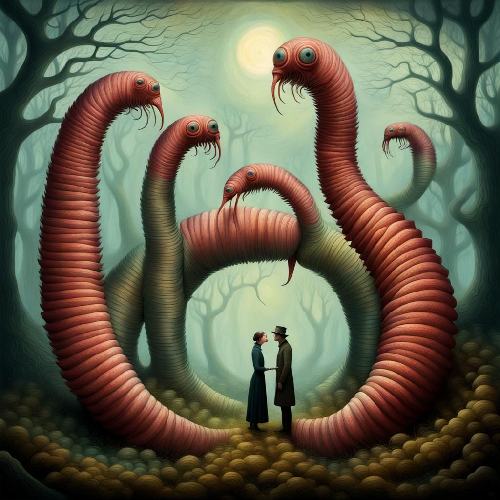 Surreal Whispering Worms in Gouache Style