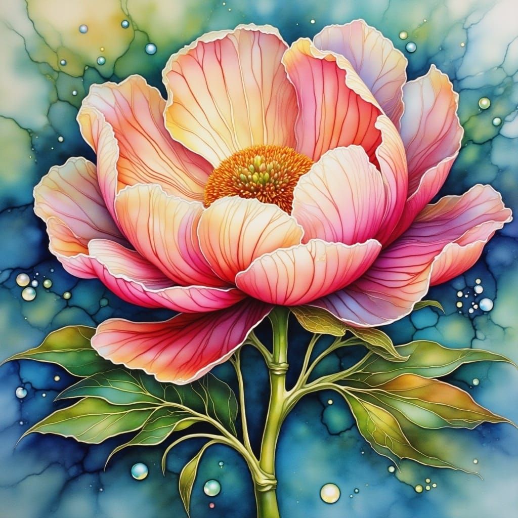 Peony in Moku Hanga Style with Dewdrops