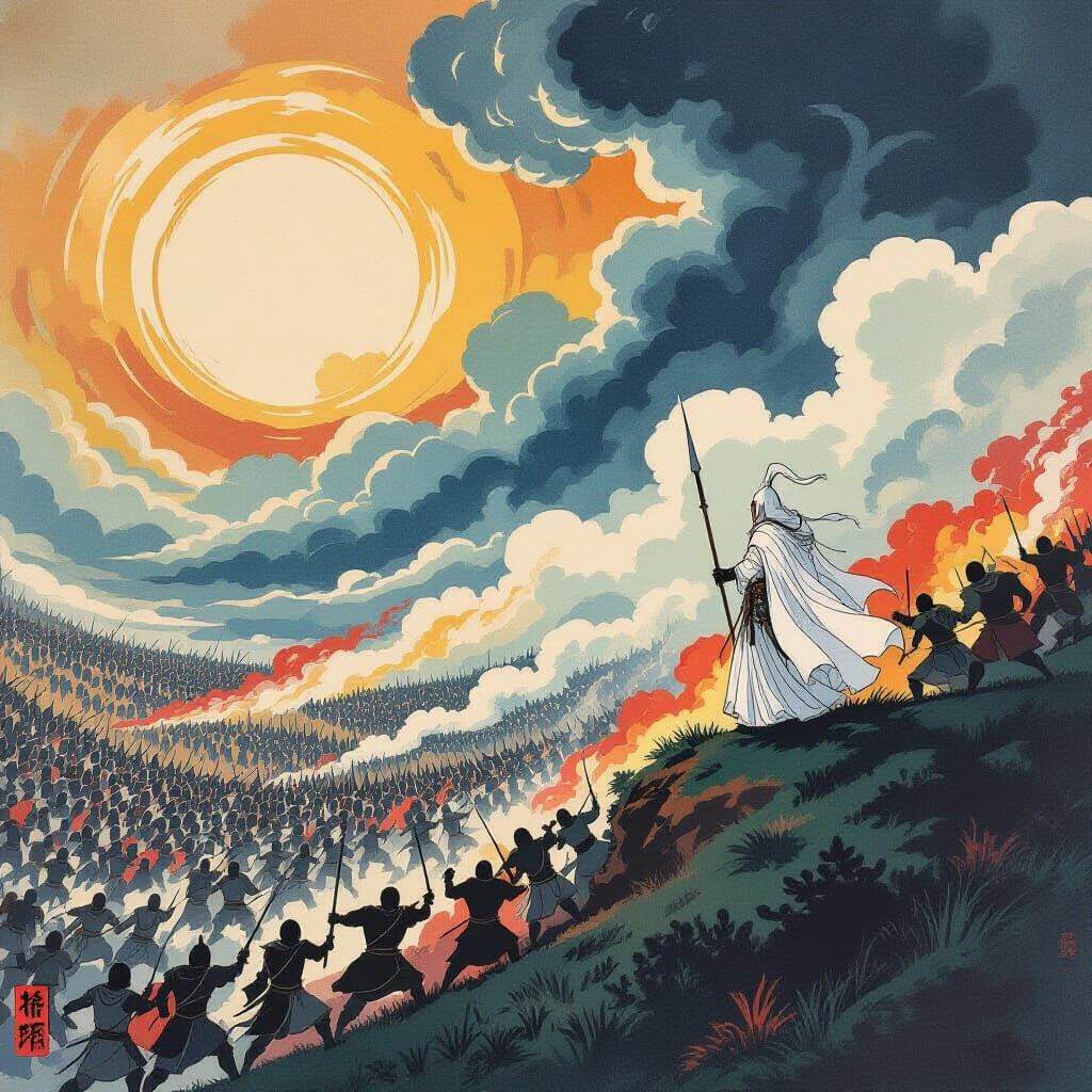 Ukiyo-e Style Battle Before Minas Tirith with Saruman