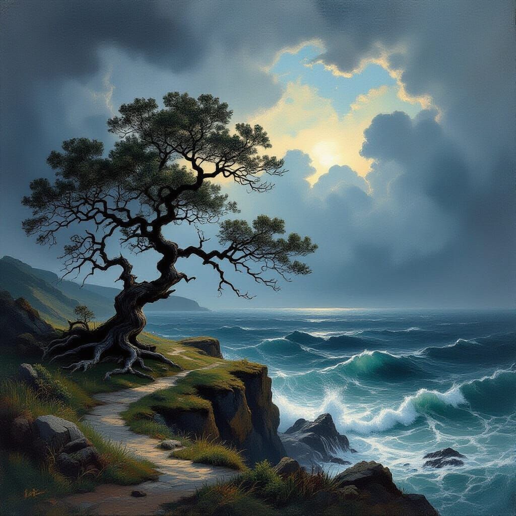 Ancient Oak on Stormy Cliff Overlooking Ocean