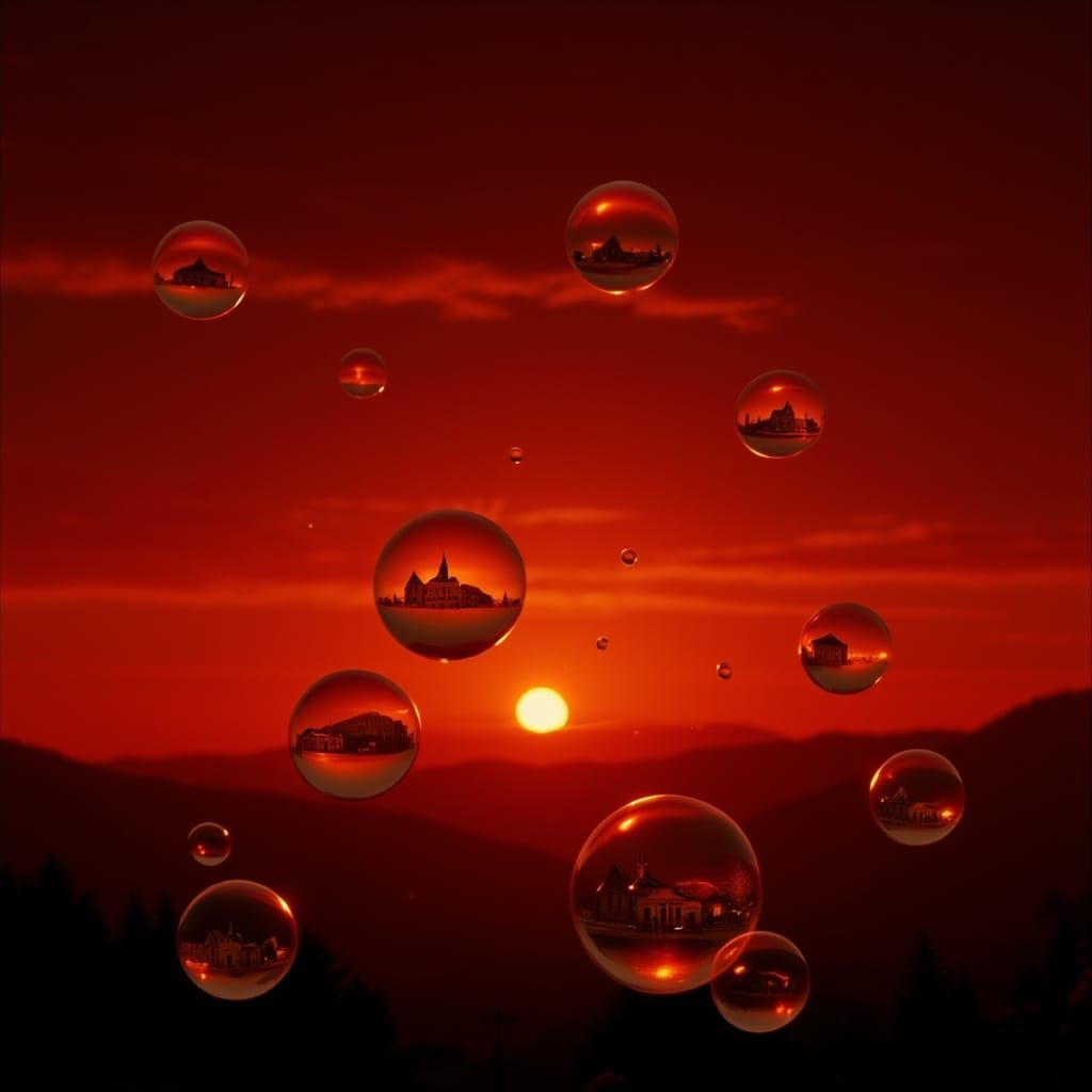 Soap Bubbles Reflecting Italian Town at Sunset