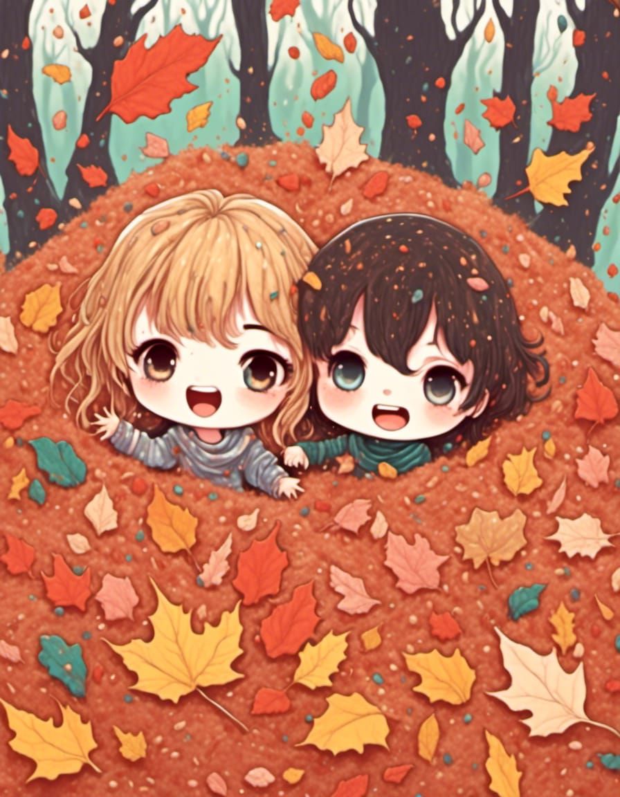 Chibi Kids Play in Autumn Leaves with Acrylic Texture