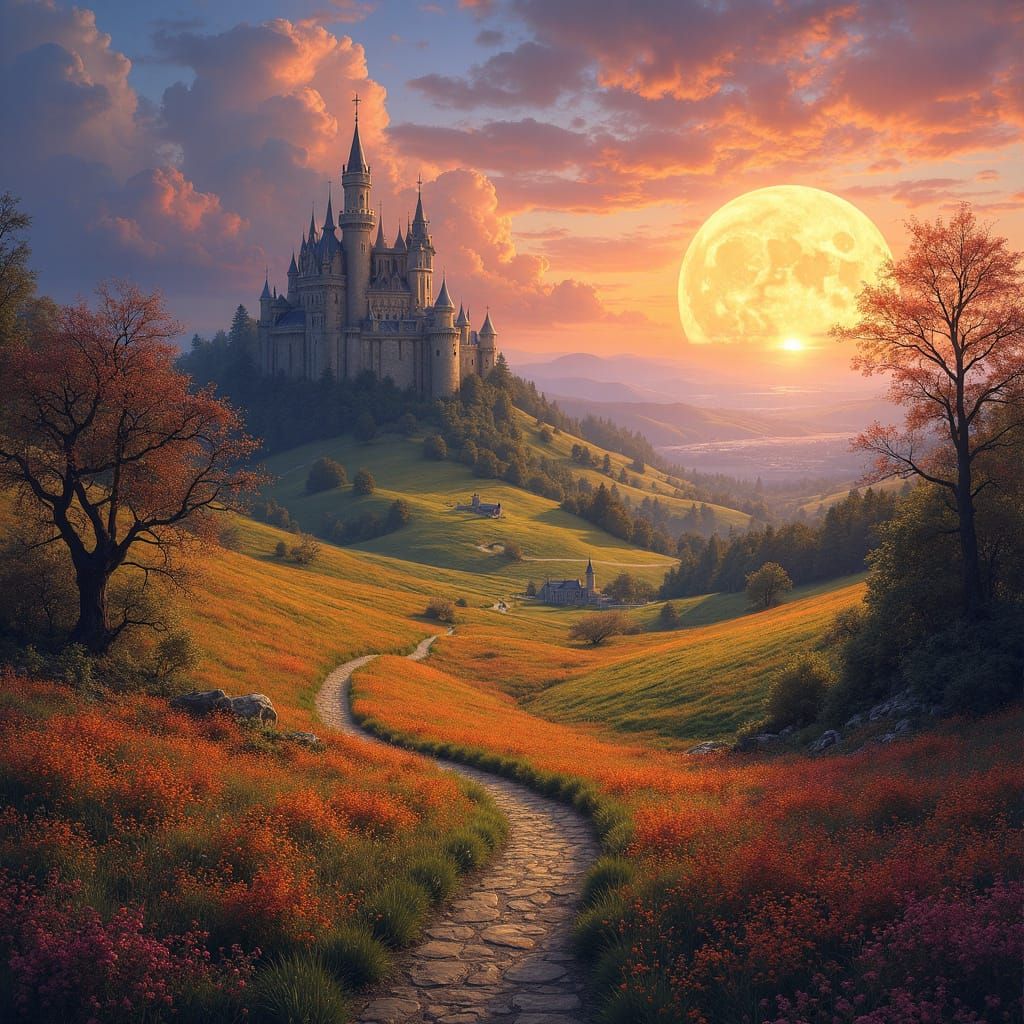 Vibrant Meadow Castle Scene With Color Palette Landscape