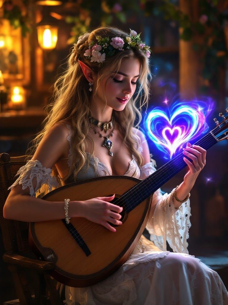 Ethereal Elf Bard Weaves Love Spell in Moonlit Tavern