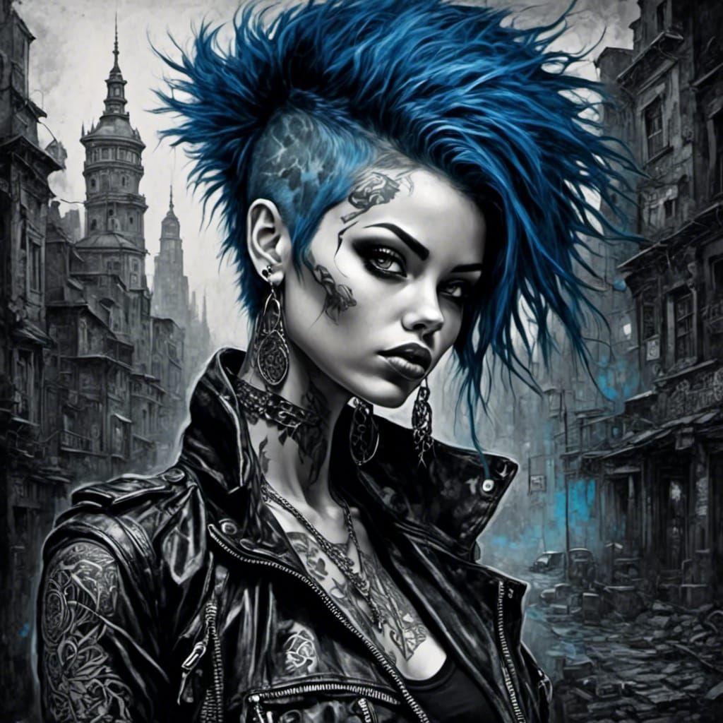 Punk Girl with Iridescent Hair in Dark Cityscape
