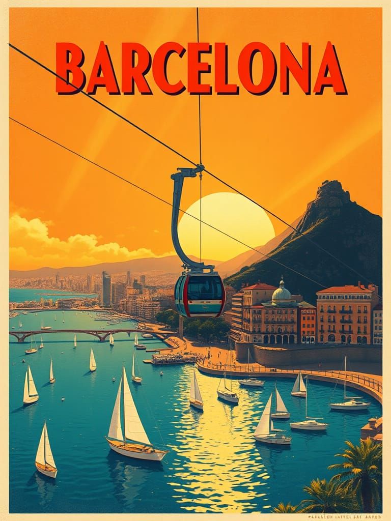 Barcelona Vintage Travel Poster with Gondola