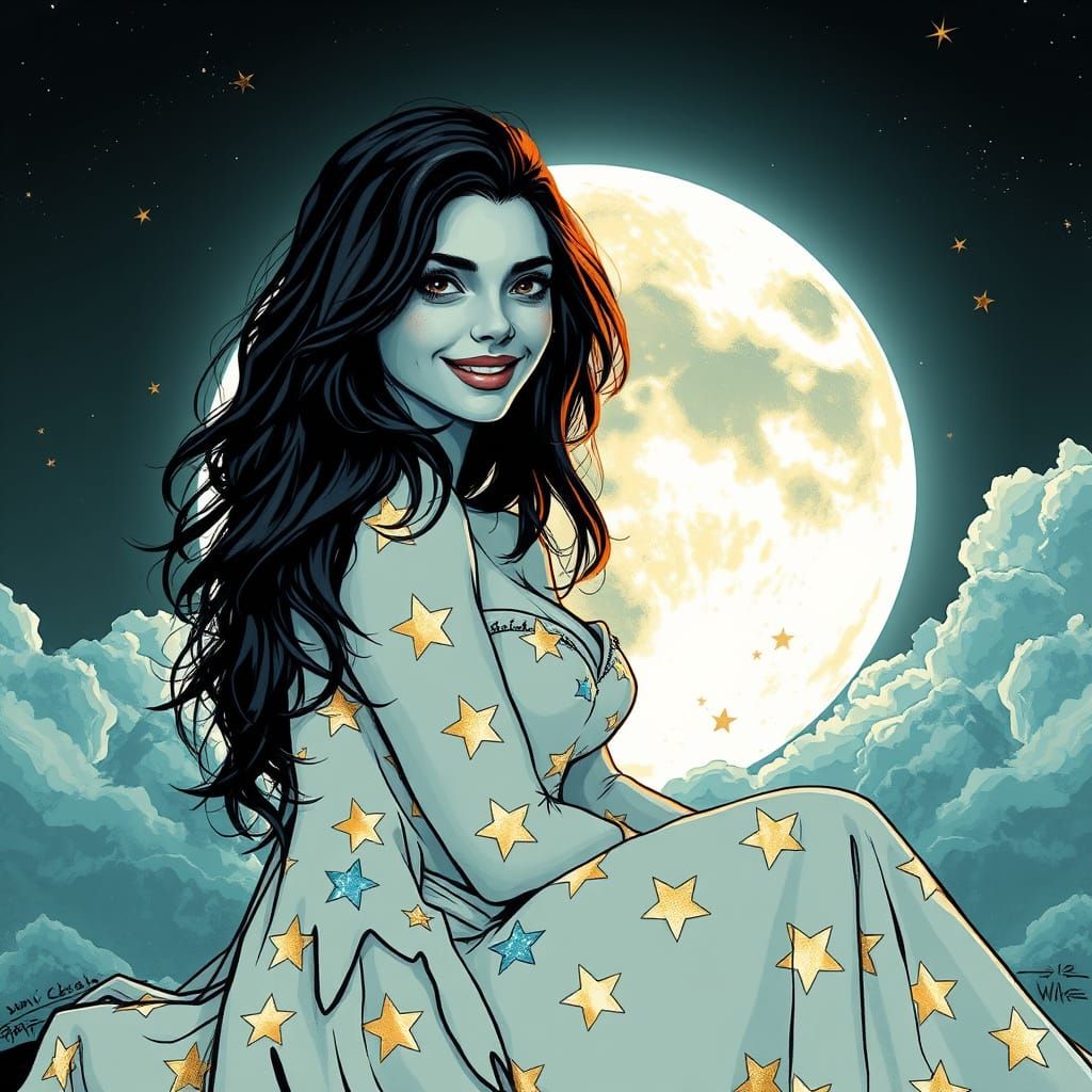 Elegant Woman Under Full Moon in Triadic Colors